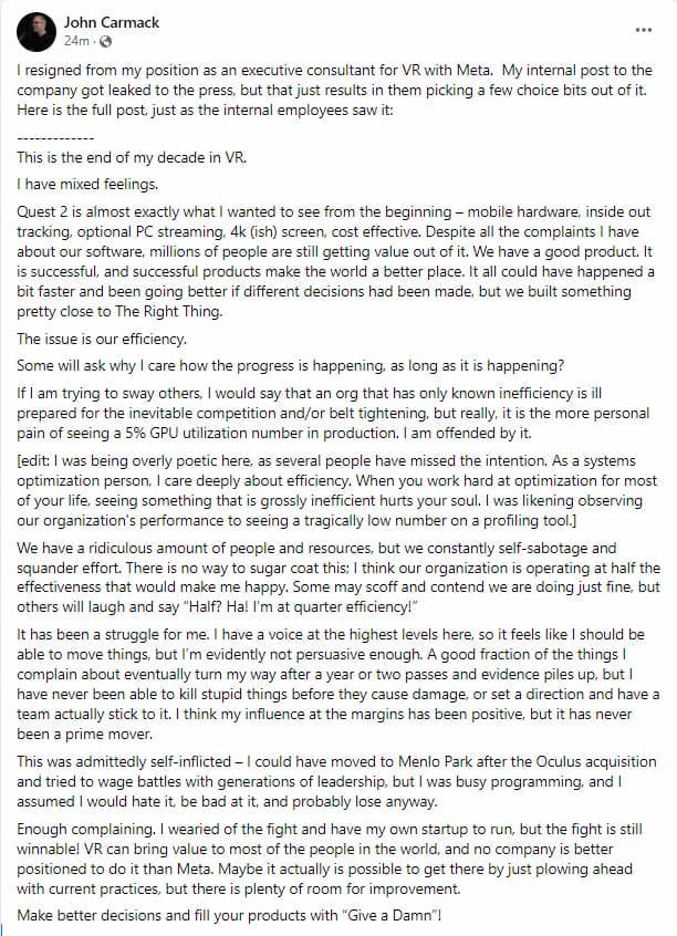 John Carmack's statement on Facebook