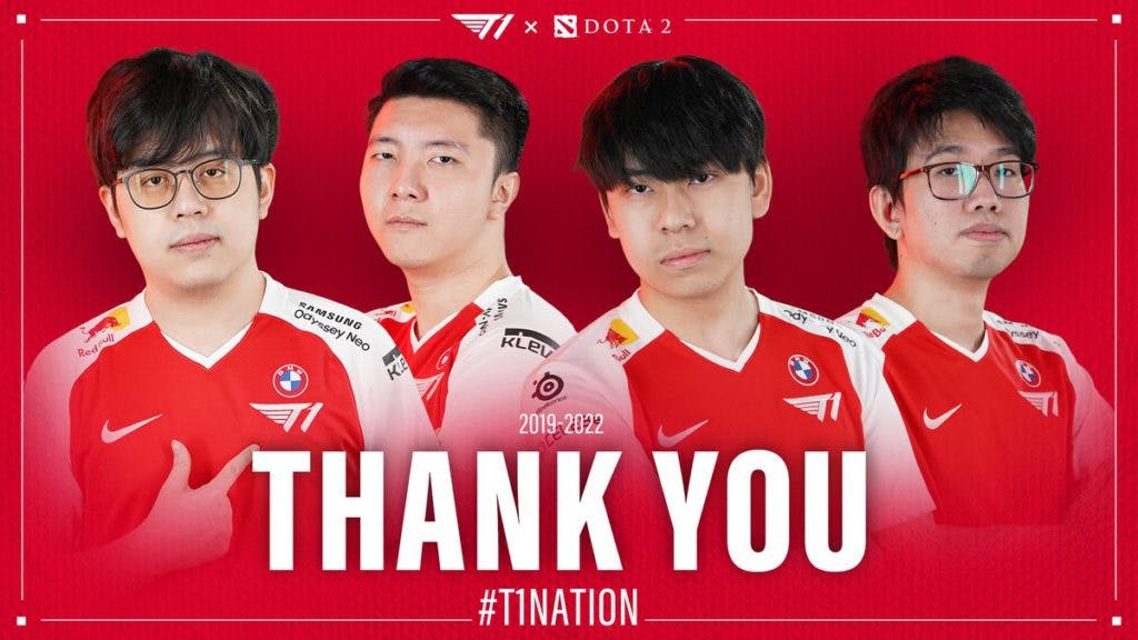 T1 disbands Dota 2 roster that featured Whitemon, Xepher, Kuku, ana and Topson (Image via T1 <a href="https://twitter.com/T1/status/1592849965658750977?s=20&amp;t=q2WQu2xOh_izv4RzXORRnQ" target="_blank" rel="noreferrer noopener nofollow">Twitter</a>)