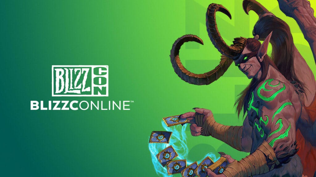 BlizzConline banner featuring the character Illidan Stormrage holding Hearthstone cards. Image via Blizzard Entertainment.