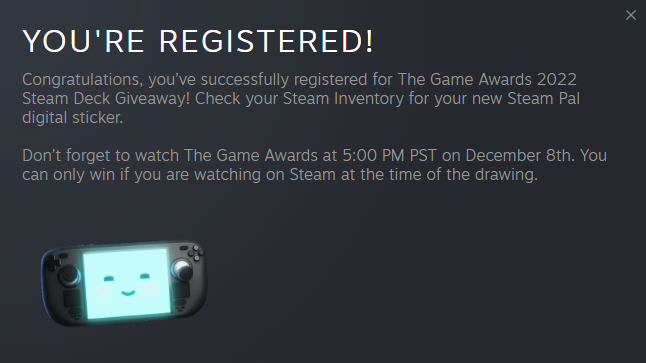 The Game Awards will feature a Steam Deck giveaway. Image via Valve.