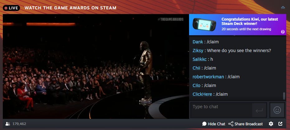 The Game Awards 2022 chat. Image via Valve and The Game Awards.