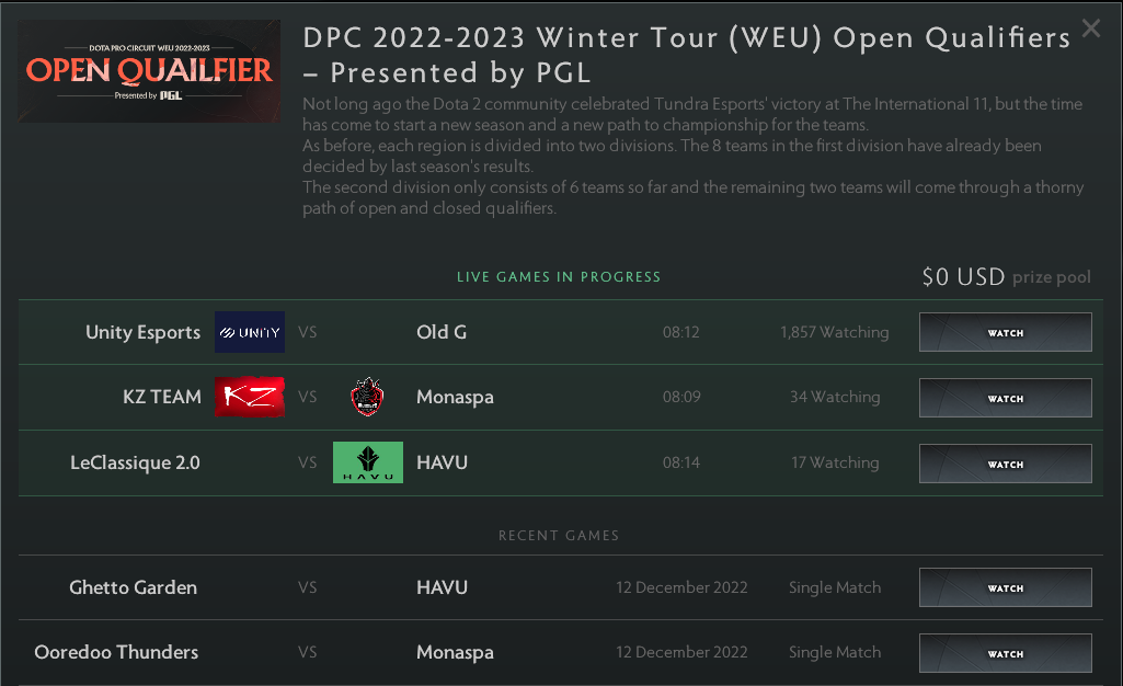 You can watch Old G's match in the WEU OQ in the Dota 2 client.