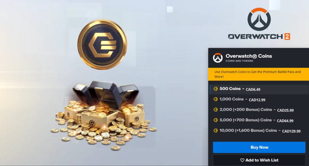 A screenshot of the Overwatch Coins page. Image via Blizzard Entertainment.