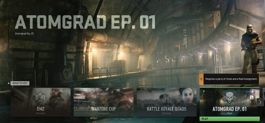 Once unlocked, the Atomgrad Raid appears on the main menu. Image via Activision.