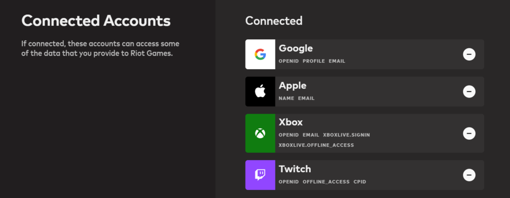 Your Riot Games connected accounts should also show XBOX as one of the connected accounts.