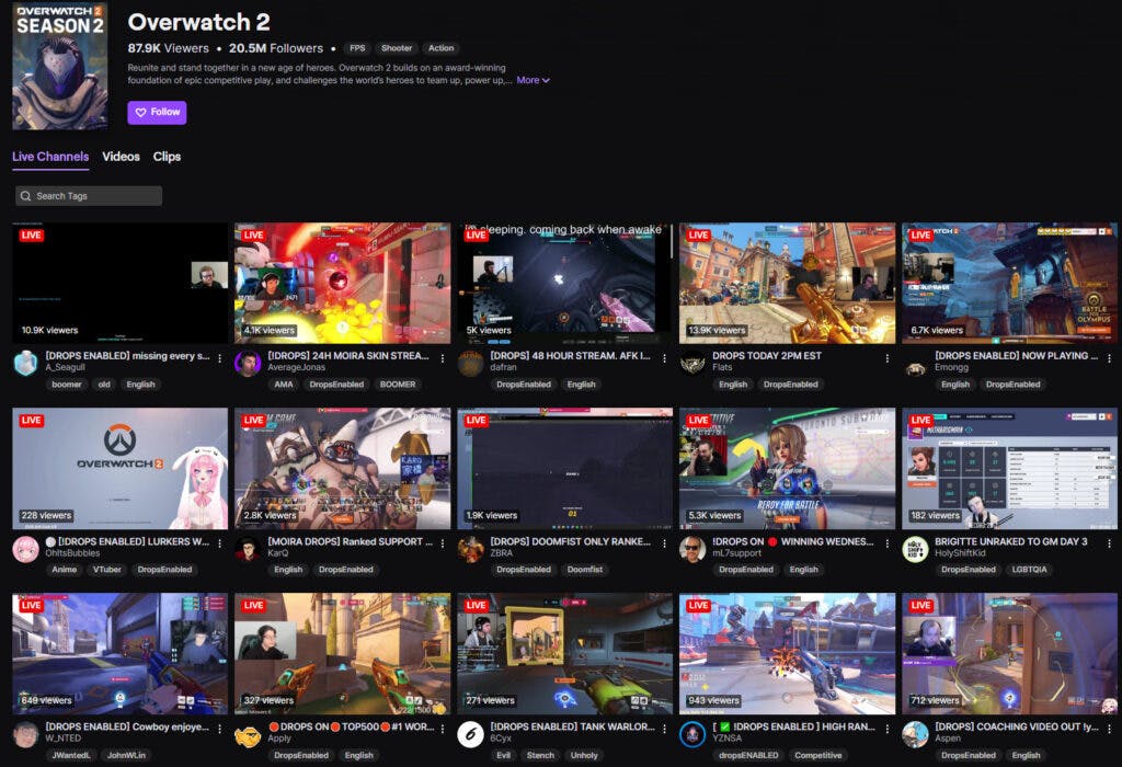 A screenshot of the Overwatch 2 Twitch category (Image via Twitch)
