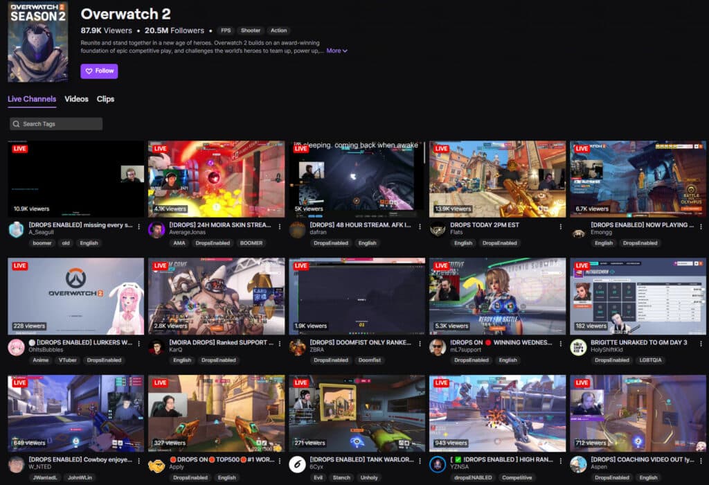 A screenshot of the Overwatch 2 Twitch category (Image via Twitch)