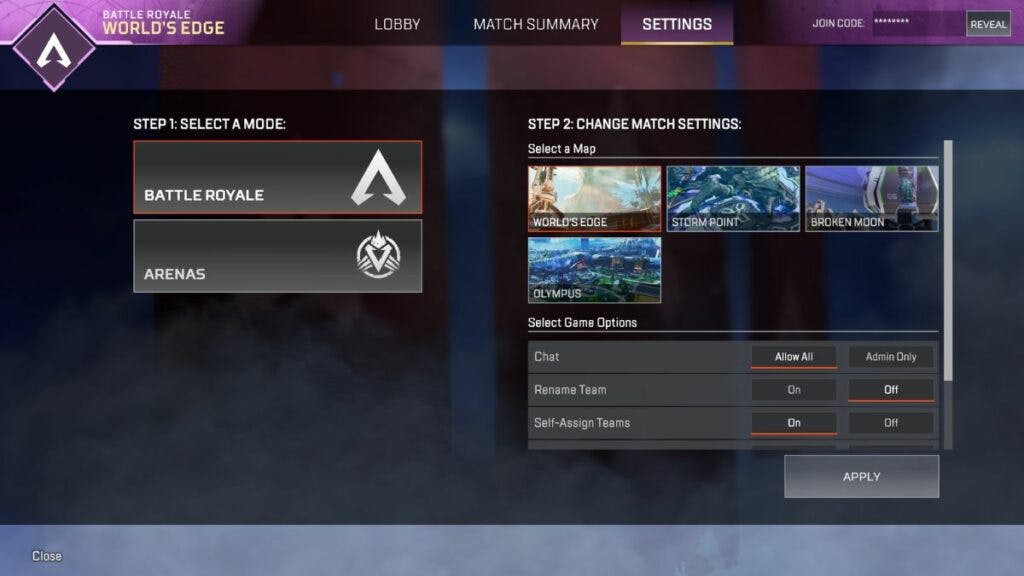 Apex Legends private match lobby settings (Image via Electronic Arts)