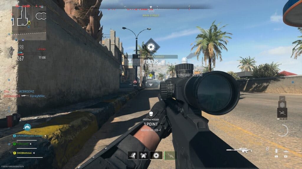 The confirmation of a longshot kill and the distance of the shot appear on your screen (Image via Esports.gg)