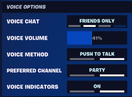 Fortnite voice chat options (Image via Epic Games)