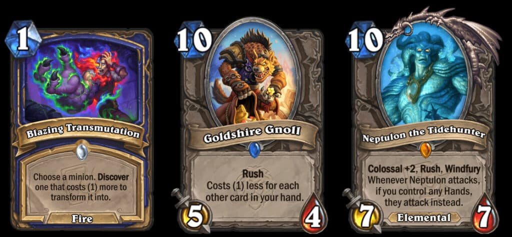 Blazing Transmutation, Goldshire Gnoll, and Neptulon the Tidehunter in Evolve Shaman (Image via Blizzard Entertainment)