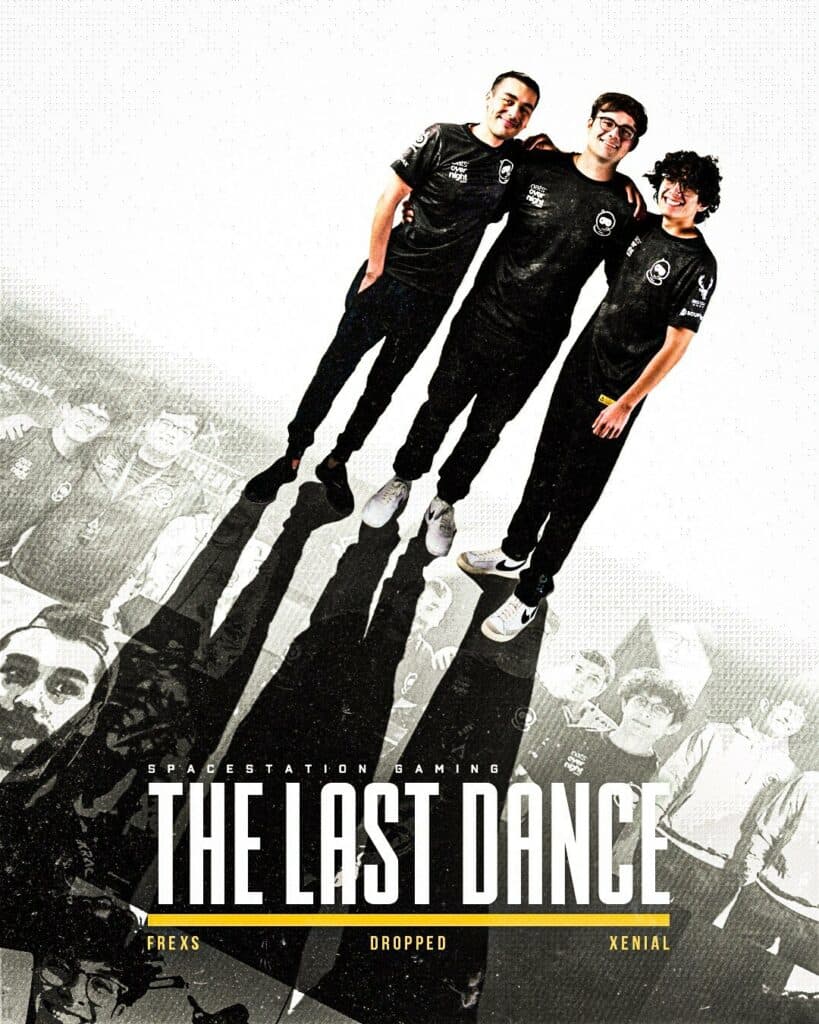 The ALGS Split 1 Playoffs will be the last dance for the SSG roster of Frexs, Dropped and Xenial (Image: <a href="https://twitter.com/Spacestation/status/1621192518355542016/photo/1">Spacestation</a> Twitter)