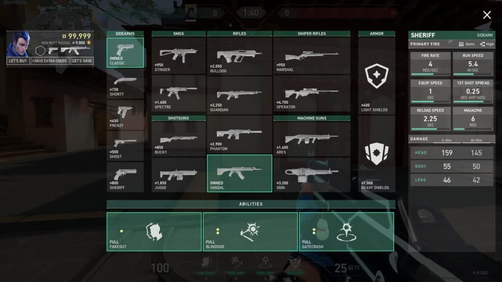 The Buy Phase allows you to purchase weapons, armor, and abilities (Image via Esports.gg)