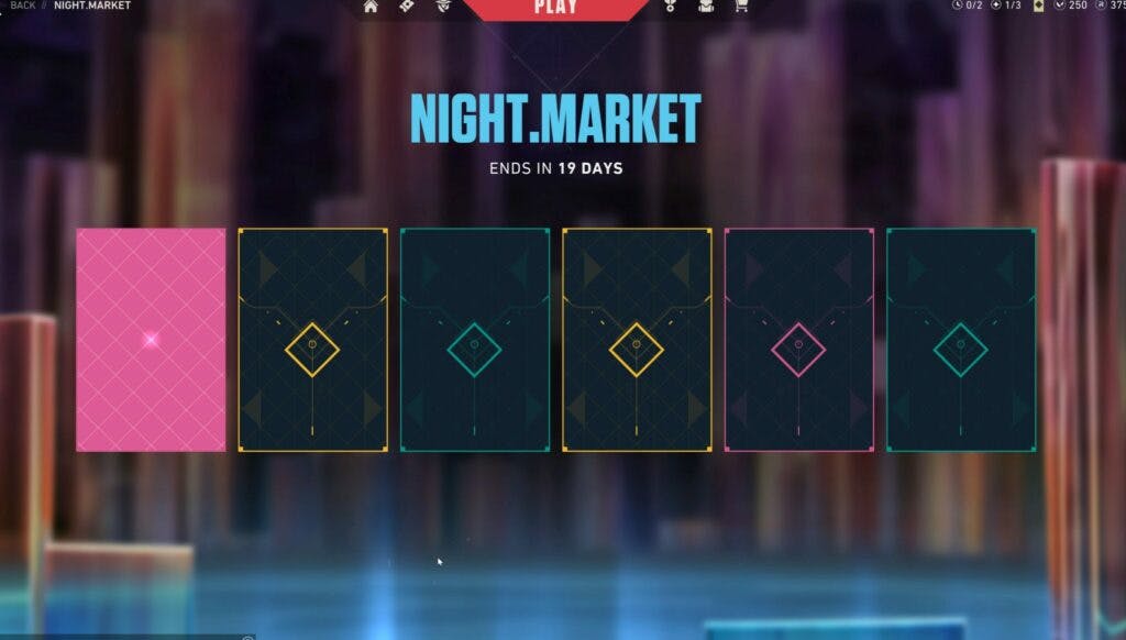 Once you click the icon, you will see six cards. The card contents are not visible and you will have to click each card individually to reveal the Valorant Night Market skin.
