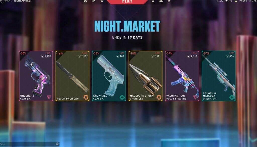 Once all cards are opened, you can see the contents of the VALORANT Night Market. The available cosmetics are usually much cheaper than normal, as you can see in the image above.