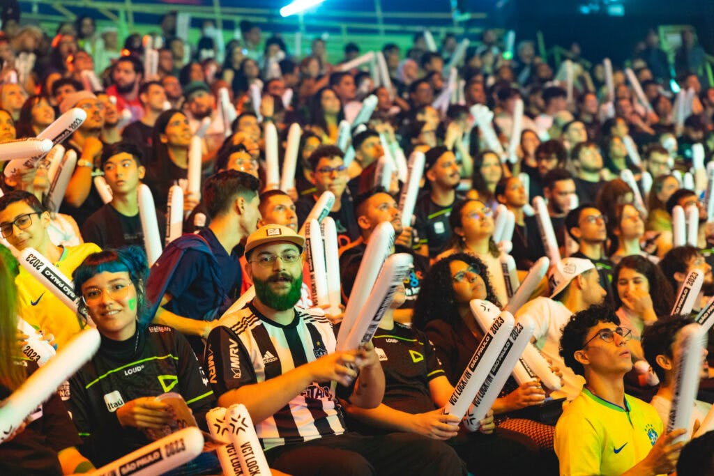 Fans cheer in the audience at the VALORANT Champions Tour 2023: LOCK//IN Groups Stage on February 19, 2023 in Sao Paulo, Brazil. (Photo by Colin Young-Wolff/Riot Games)