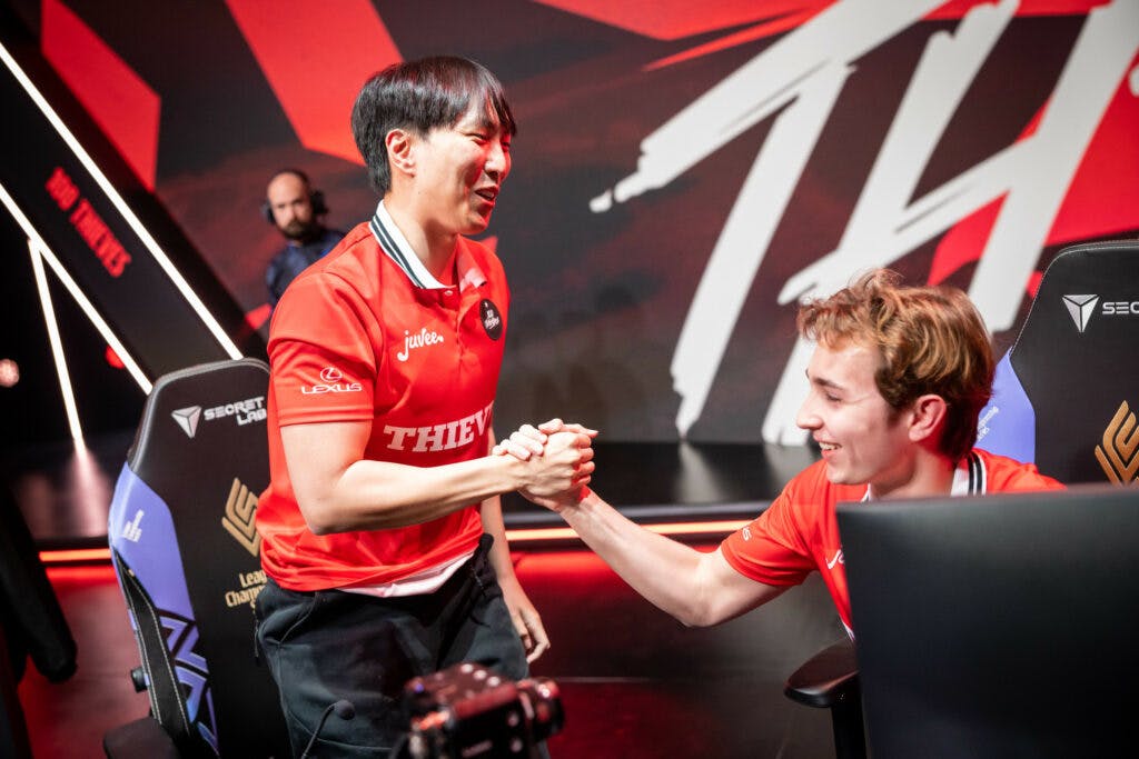<em>100Thieves celebrates their victory on day two of the 2023 Spring Split Photo by Colin Young-Wolff/Riot Games</em>