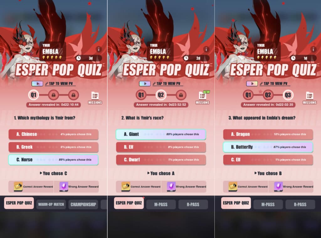 Dislyte Esper Pop Quiz Embla answers (Image via Lilith Games)