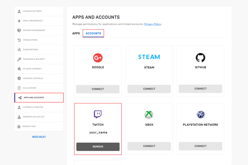 How to unlink your Twitch account from your Epic Games account. Image via Esports.gg.