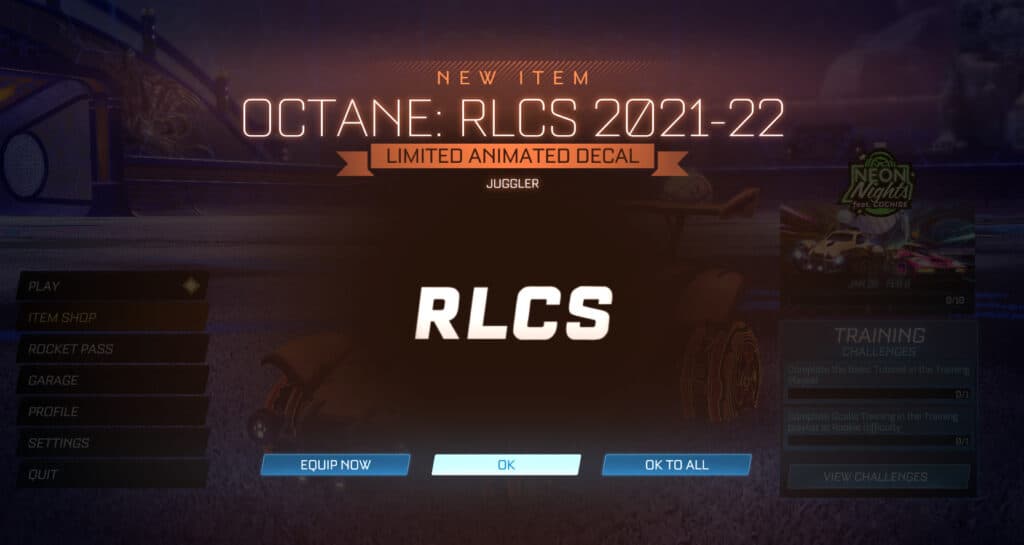 <em>Octane: RLCS 2021-22 Limited Animated Decal - Juggler. From Rocket League Fan Rewards. Image via Esports.gg.</em>