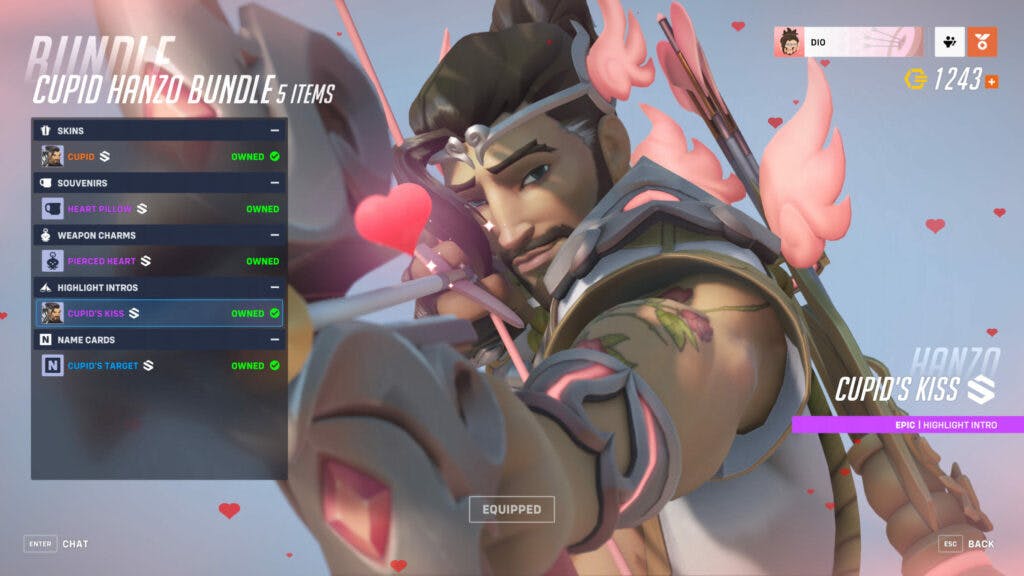 Cupid Hanzo skin and the Cupid's Kiss highlight intro (Image via Blizzard Entertainment)