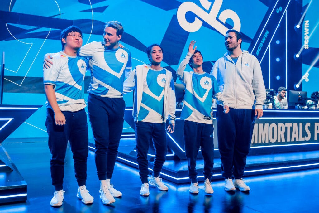 Cloud9 poses onstage after victory during week 8 of the 2023 LCS Spring Split at the Riot Games Arena on March 16, 2023. (Photo by Colin Young-Wolff/Riot Games)