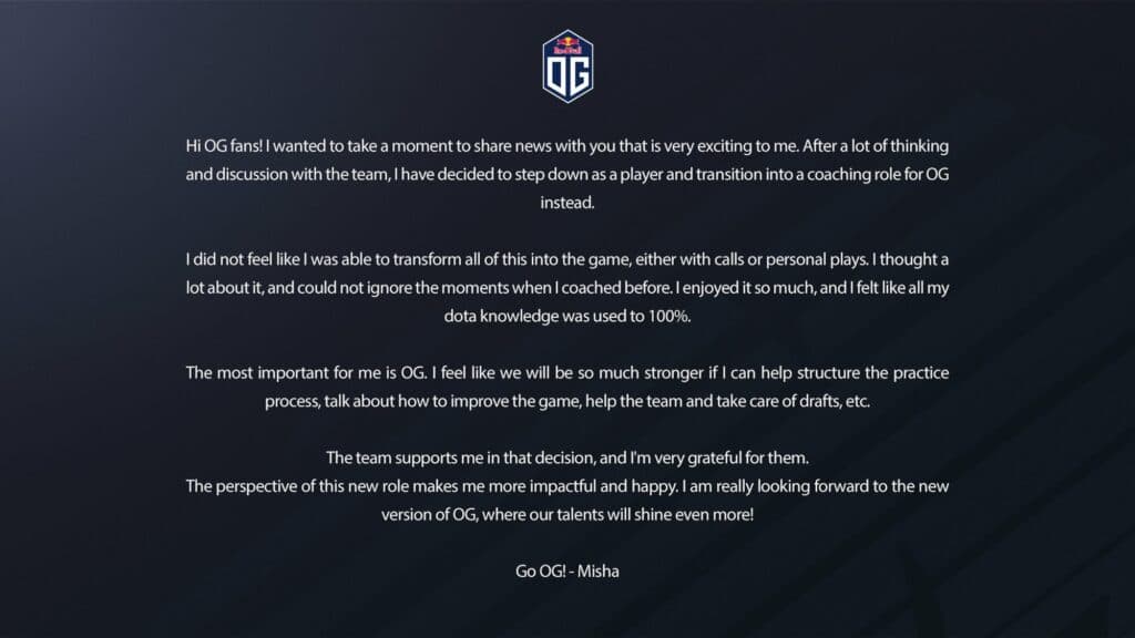 Misha's statement regarding the roster swap in OG.<br>via <a href="https://twitter.com/OGesports/status/1632802834725969930" target="_blank" rel="noreferrer noopener nofollow">Twitter</a>