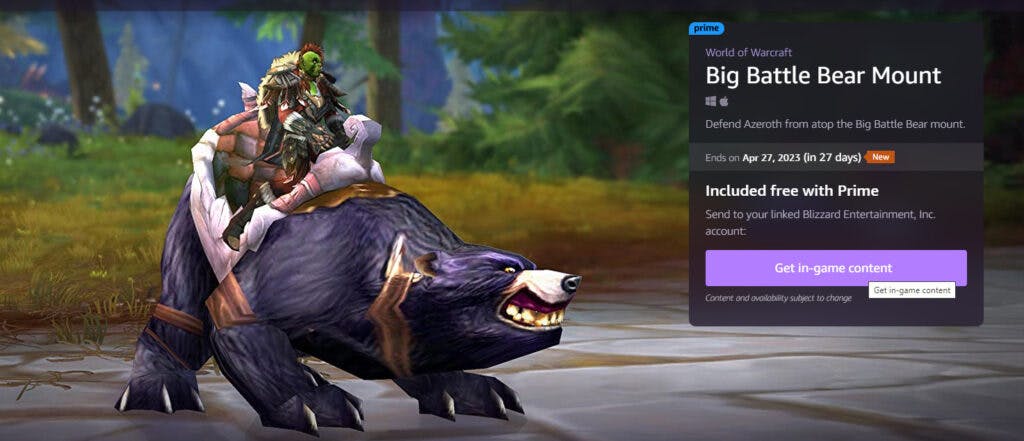 The WoW Big Battle Bear mount is free for Prime Gaming members (Image via Prime Gaming)