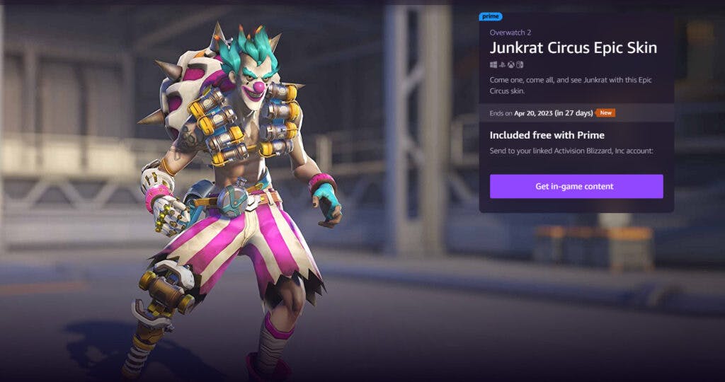 The clown Junkrat skin is free for Prime Gaming members (Image via Blizzard Entertainment)