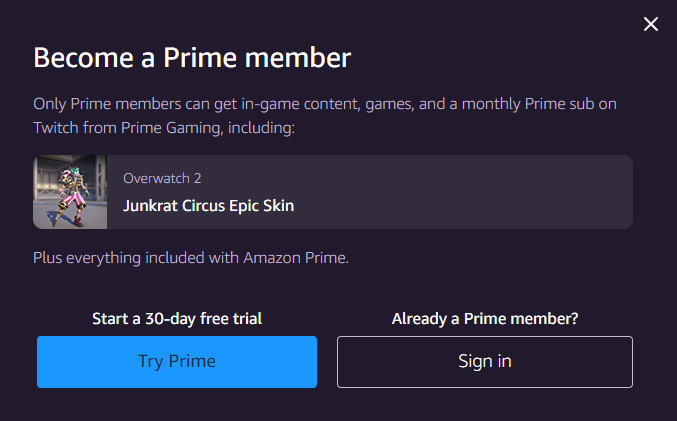 Prime Gaming on Twitch information (Image via Prime Gaming)