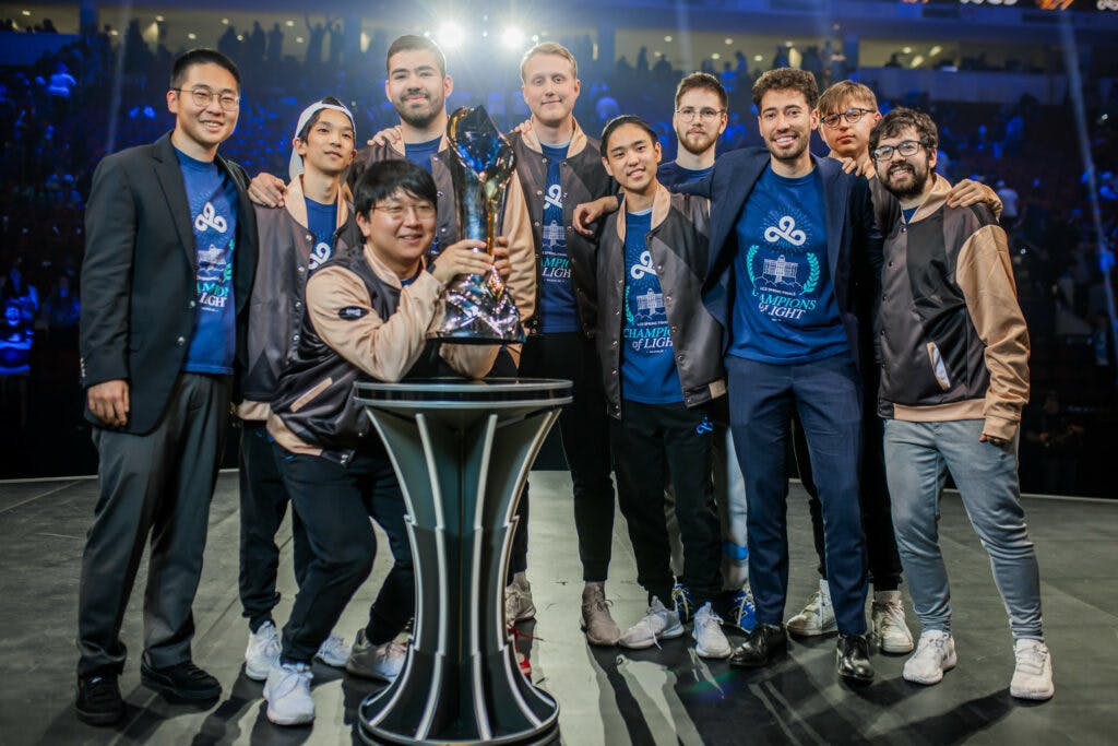 Cloud9 champions pose with trophy in hand after victory against Golden Guardians at the 2023 LCS Spring Finals at the PNC Arena on April 9, 2023. (Photo by Marv Watson/Riot Games)