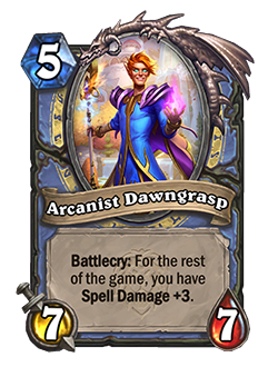 Arcanist Dawngrasp<br>Old: Battlecry: For the rest of the game, you have +2 Spell Damage.<br><strong>New: Battlecry: For the rest of the game, you have +3 Spell Damage.</strong>