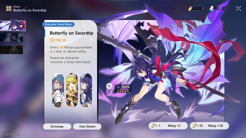 5-star Character Seele is hidden behind the Butterfly on Swordtip Event Warp.