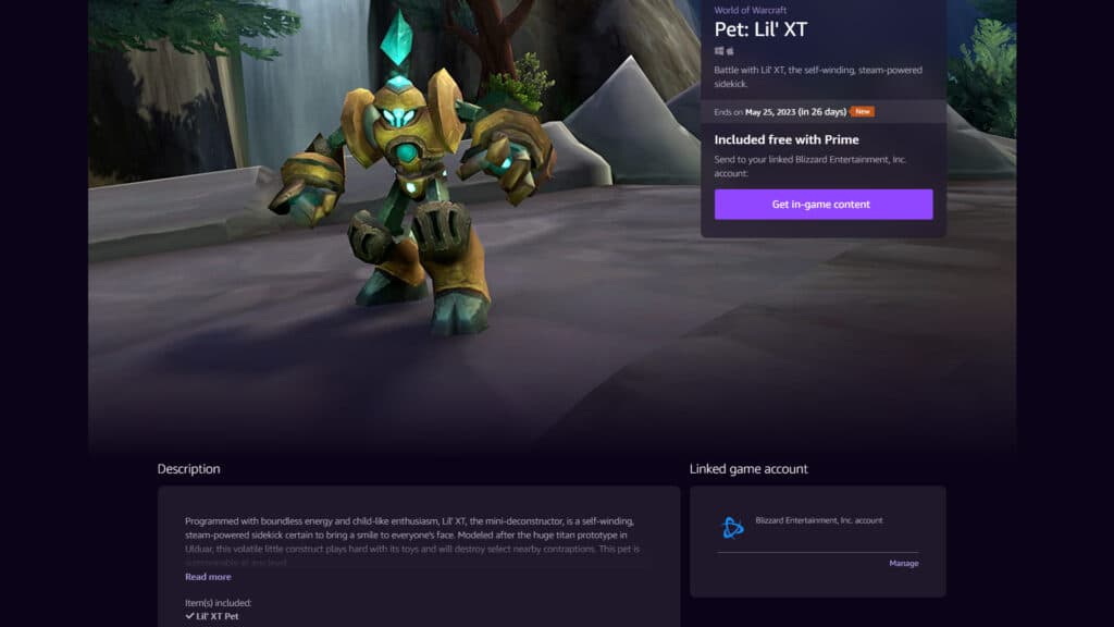 Lil' XT is available through Prime Gaming (Image via Prime Gaming)