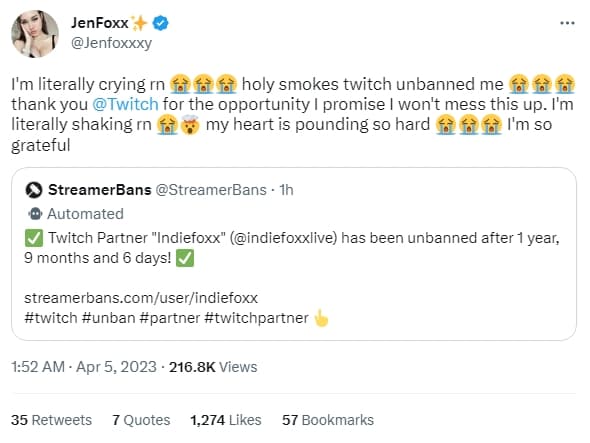 IndieFoxx's reply to the news of her being unbanned on Twitch.