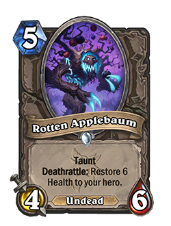 Rotten Applebaum:<br>Old: 4 Attack, 5 Health. Taunt Deathrattle: Restore 4 Health to your hero.<br><strong>New: 4 Attack, 6 Health. Taunt Deathrattle: Restore 6 Health to your hero.</strong>