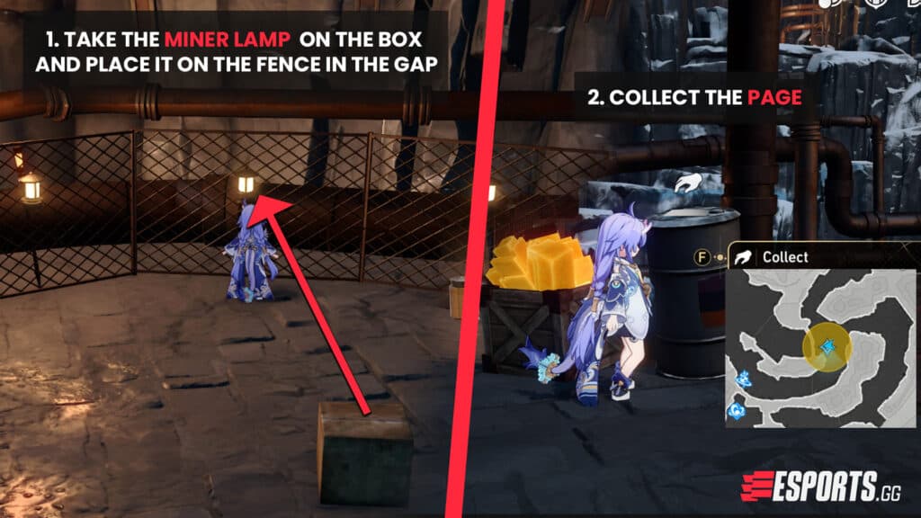 Place the Miner's Lamp on the fence then turn to collect the page on the barrel.