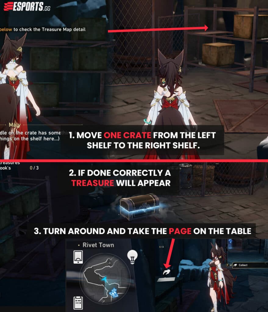 Make each shelf identical to unlock the chest and make the third page appear (Adventurous Moles quest)