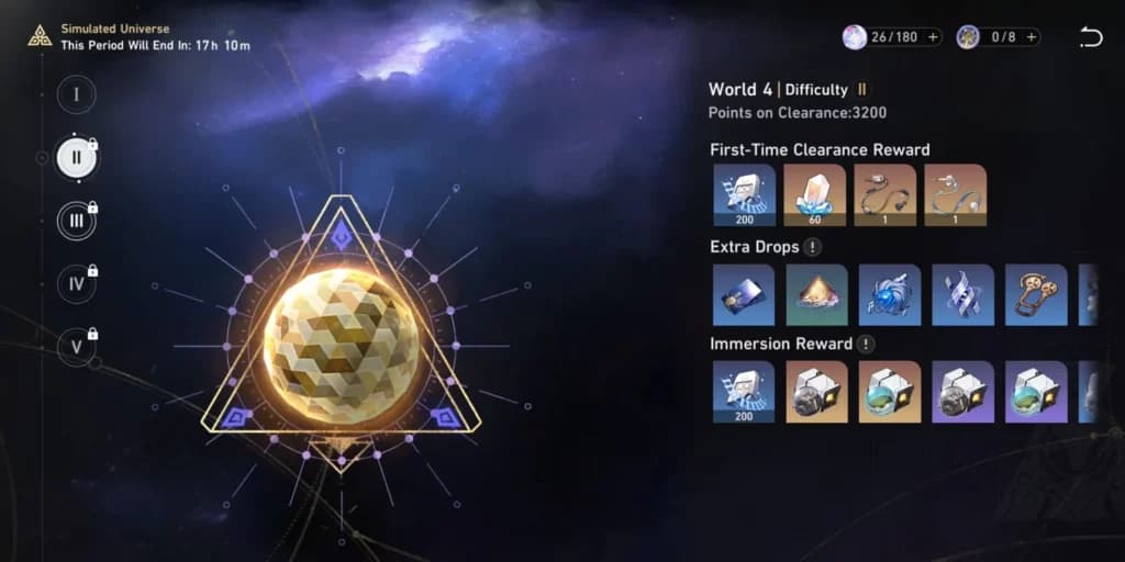 The Simulated Universe menu in Honkai: Star Rail.