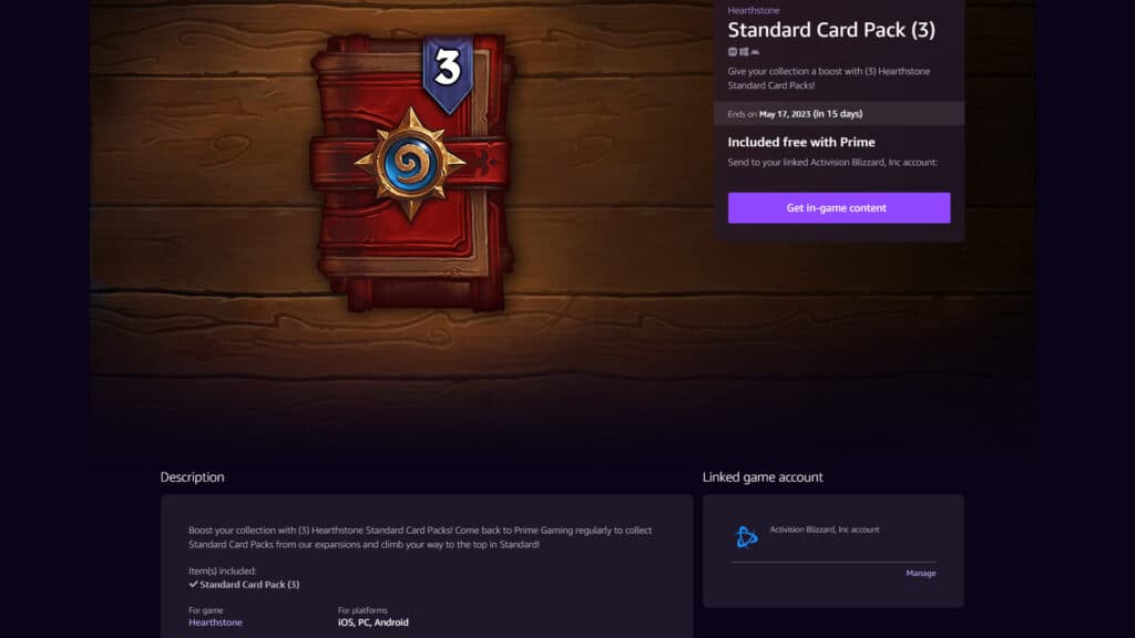 Free Hearthstone card packs are available through Prime Gaming (Image via Prime Gaming)