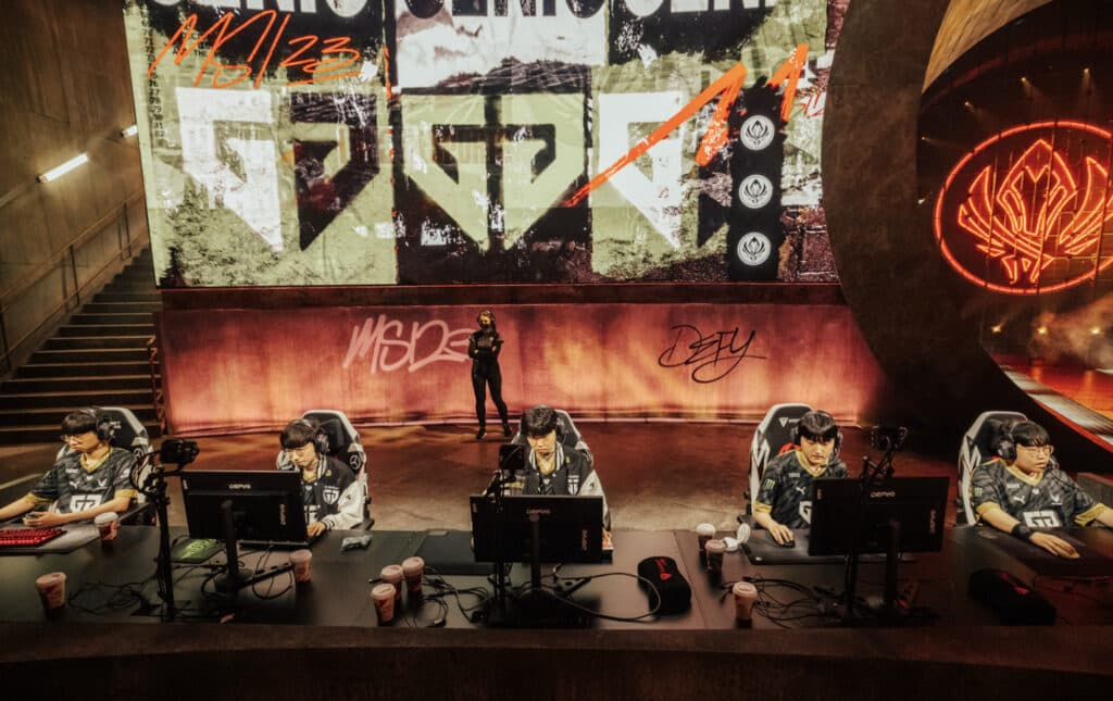 Gen G on stage facing T1 at MSI 2023 after beating them in the LCK Spring - image via Colin Young-Wolff/Riot Games