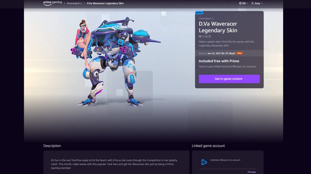 The free legendary D.Va skin is available through Prime Gaming (Image via Prime Gaming)