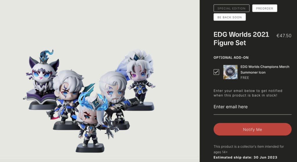 Worlds 2021 EDG skins on figures for fans to buy - image via Riot Games Store EU