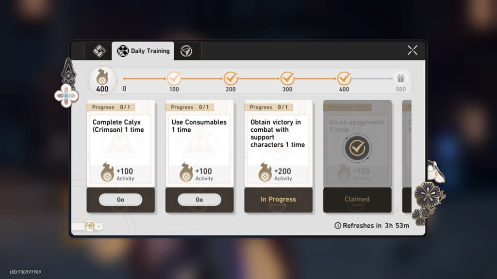 The Daily Training offers up to 60 Stellar Jade per day and 1,300 Trailblaze EXP