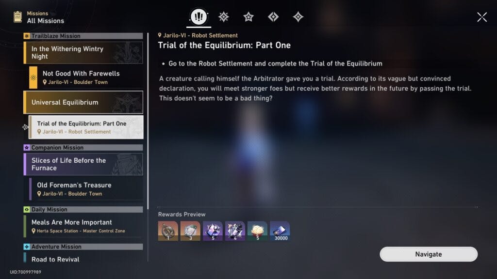 Once unlocked navigate to the mission menu to find the Trial of the Equilibrium mission