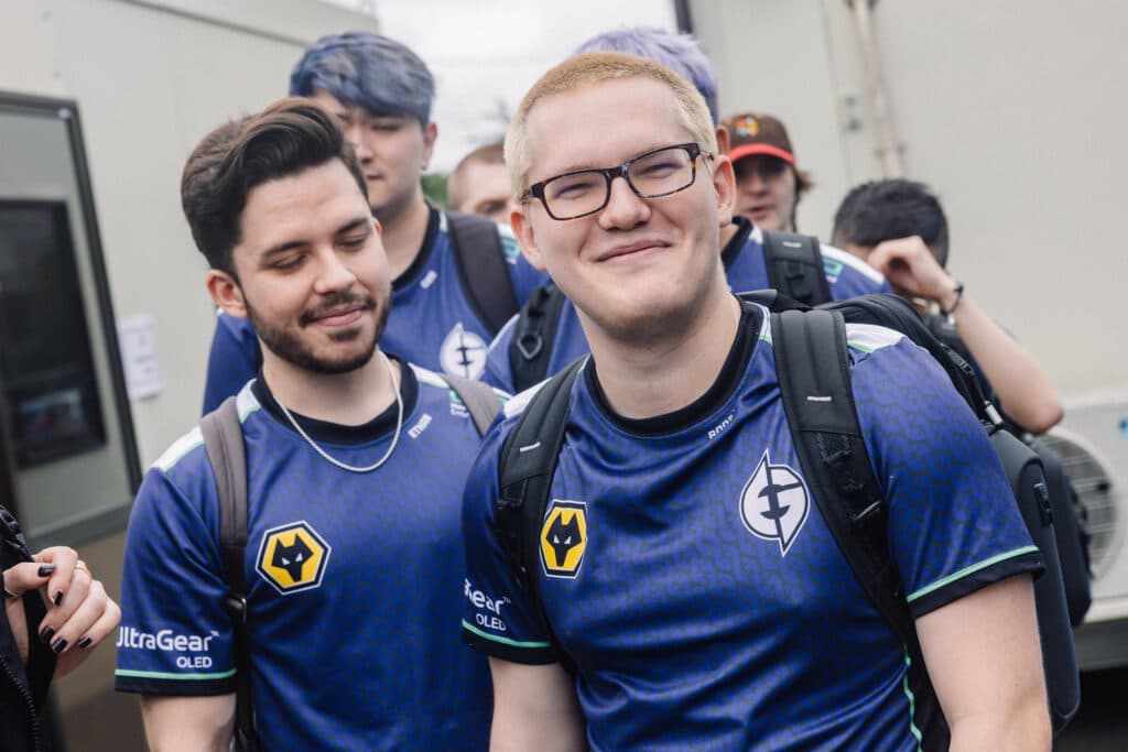 Ethan "Ethan" Arnold (L) and Kelden "Boostio" Pupello of Evil Geniuses arrive at VALORANT Masters Tokyo Group Stage at Tipstar Dome Chiba on June 11, 2023 in Tokyo, Japan. (Photo by Colin Young-Wolff/Riot Games)