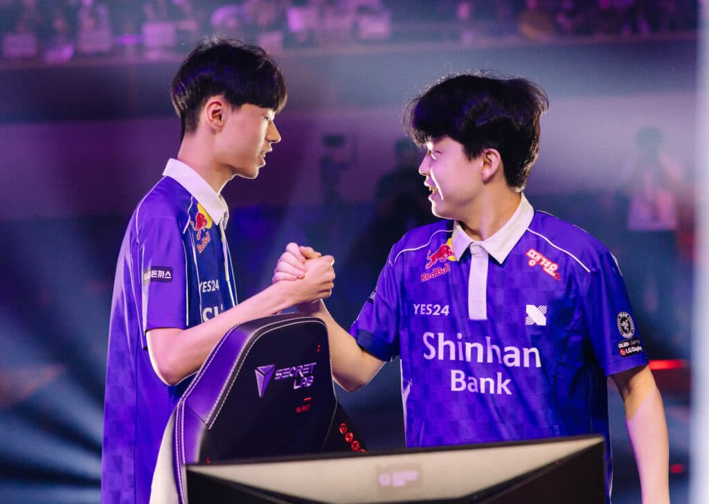 Jung "Foxy9" Jae-sung (L) and Kim "stax" Gu-taek of DRX react onstage at VALORANT Masters Tokyo Group Stage at Tipstar Dome Chiba on June 11, 2023 in Tokyo, Japan. (Photo by Colin Young-Wolff/Riot Games)