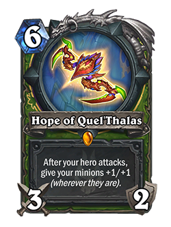 Hope of Quel’Thalas<br>Old: 4 Attack, 2 Durability<br><strong>New: 3 Attack, 2 Durability</strong>