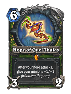 Hope of Quel’Thalas<br>Old: 4 Attack, 2 Durability<br><strong>New: 3 Attack, 2 Durability</strong>