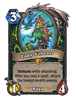 Lady S’Theno<br>Old: 2 Attack, 4 Health<br><strong>New: 1 Attack, 4 Health</strong>